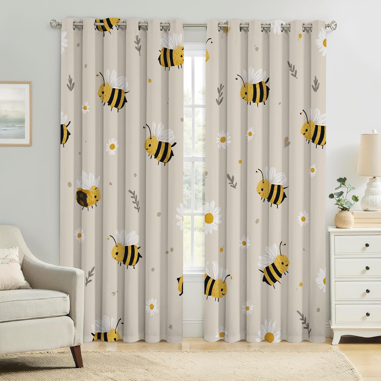 Hellbeige Thermovorhänge Blickdicht Cartoon Biene Gänseblümchen Verdunkelung mit Ösen, Wärmeschutz Schallschutz Gardinen für Kinderzimmer Jungen Mädchen, 2er Set H229 x B117 cm