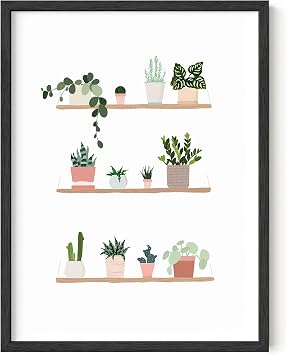 HAUS AND HUES Tropical Leaf Wall Art Botanical Poster, Green Cactus and Plant Print for Modern Home Decor Black Frame, 12x16