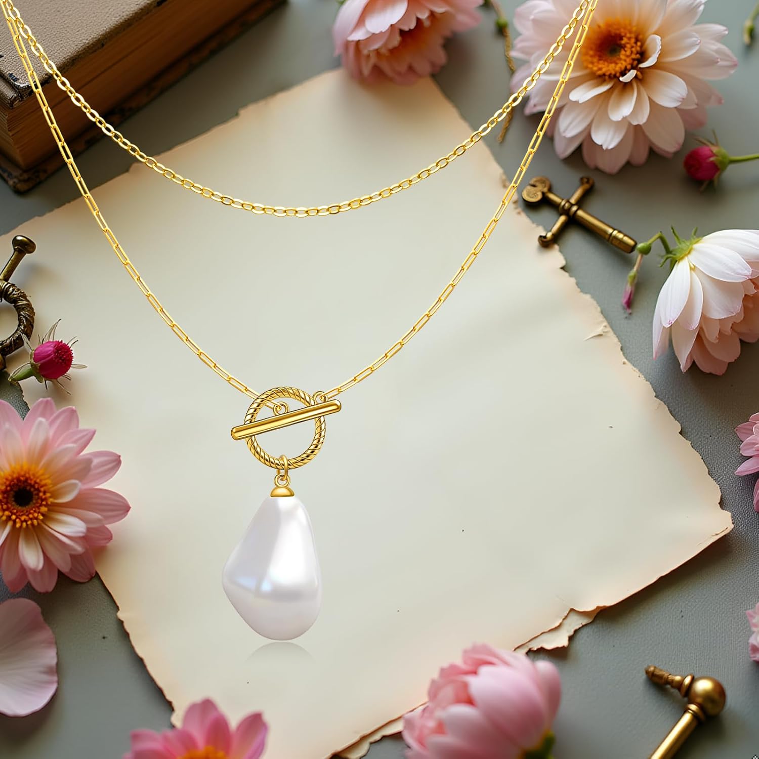 Toggle Necklace for Women Sterling Silver 14k Gold Plated Pearls Paperclip Double Chain Necklace Pearls Dangle Jewelry Mothers Day Birthday Gifts