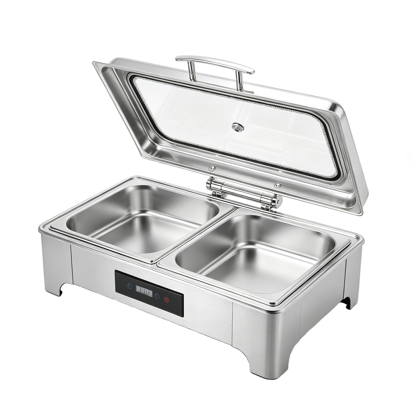 Juego de Calentadores de Alimentos Tipo Buffet de Acero Inoxidable de 2.38 galones con Tapa Transparente y Panel táctil para Eventos de Catering.