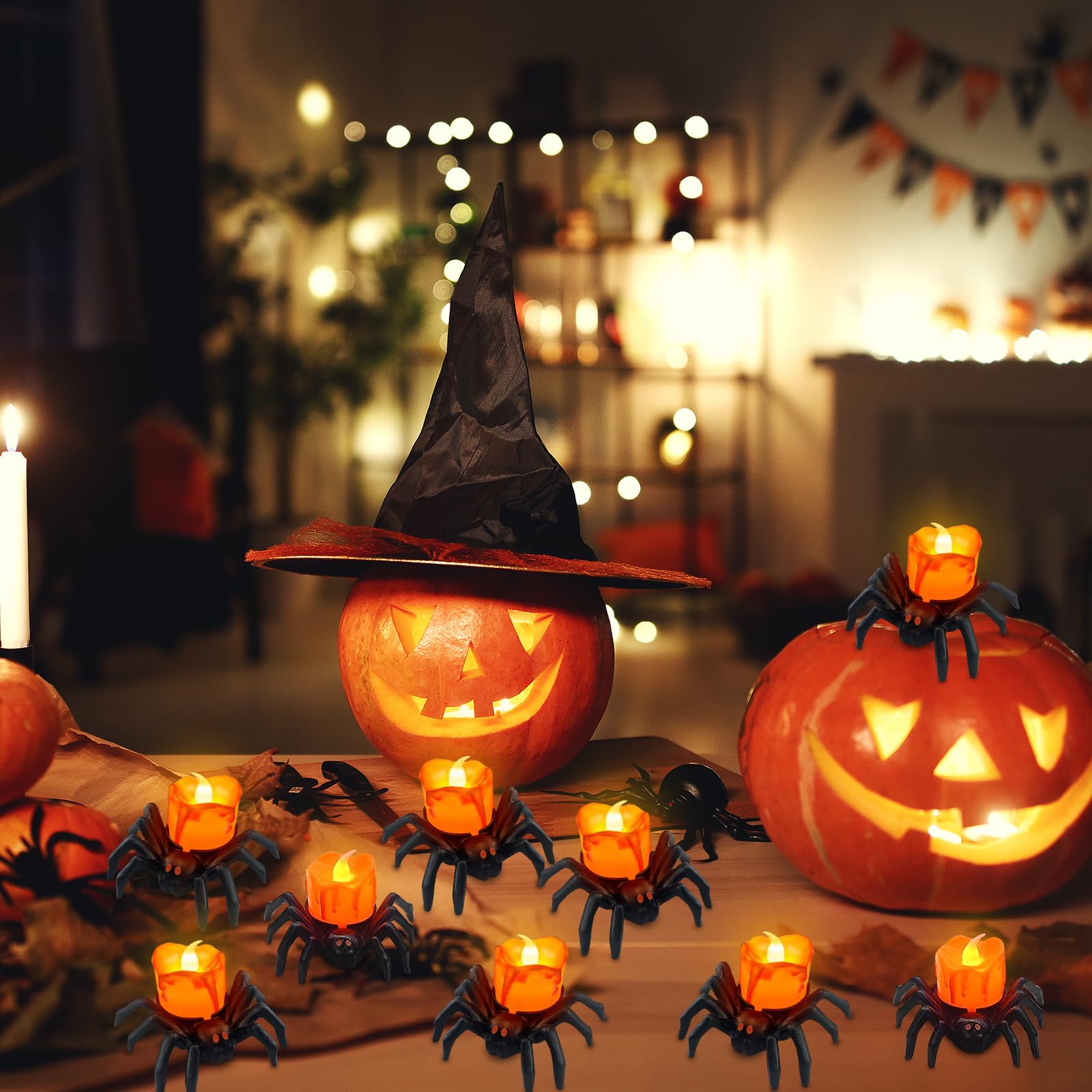 IMAGE Candele tremolanti a forma di zucca, confezione da 12 pezzi, luci LED tremolanti a forma