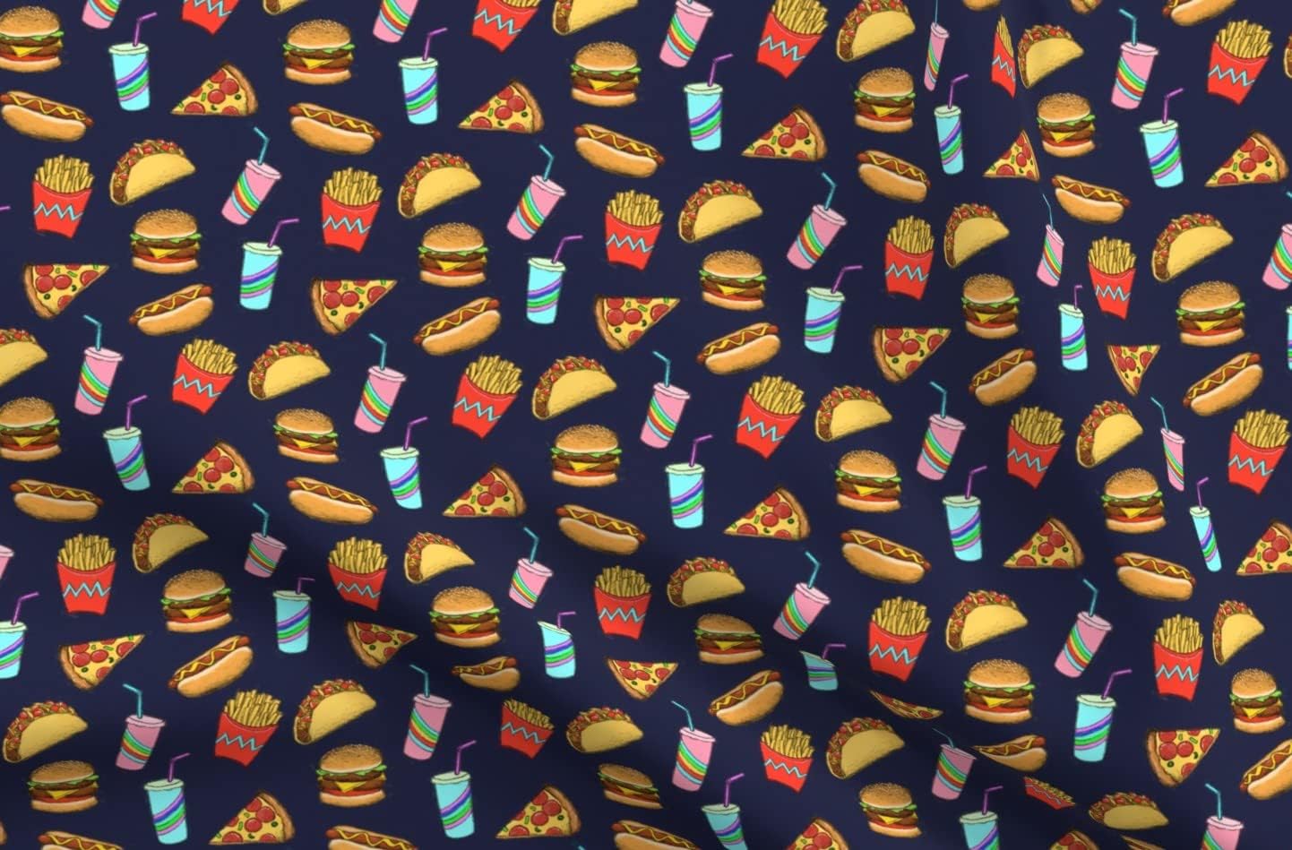 Spoonflower Fabric - Painted Food Navy Blue Hot Dogs Pizza Taco Fries Soda Fat Printed on Organic Cotton Sateen Fabric by The Yard - Sewing Quilting Apparel Home Decor