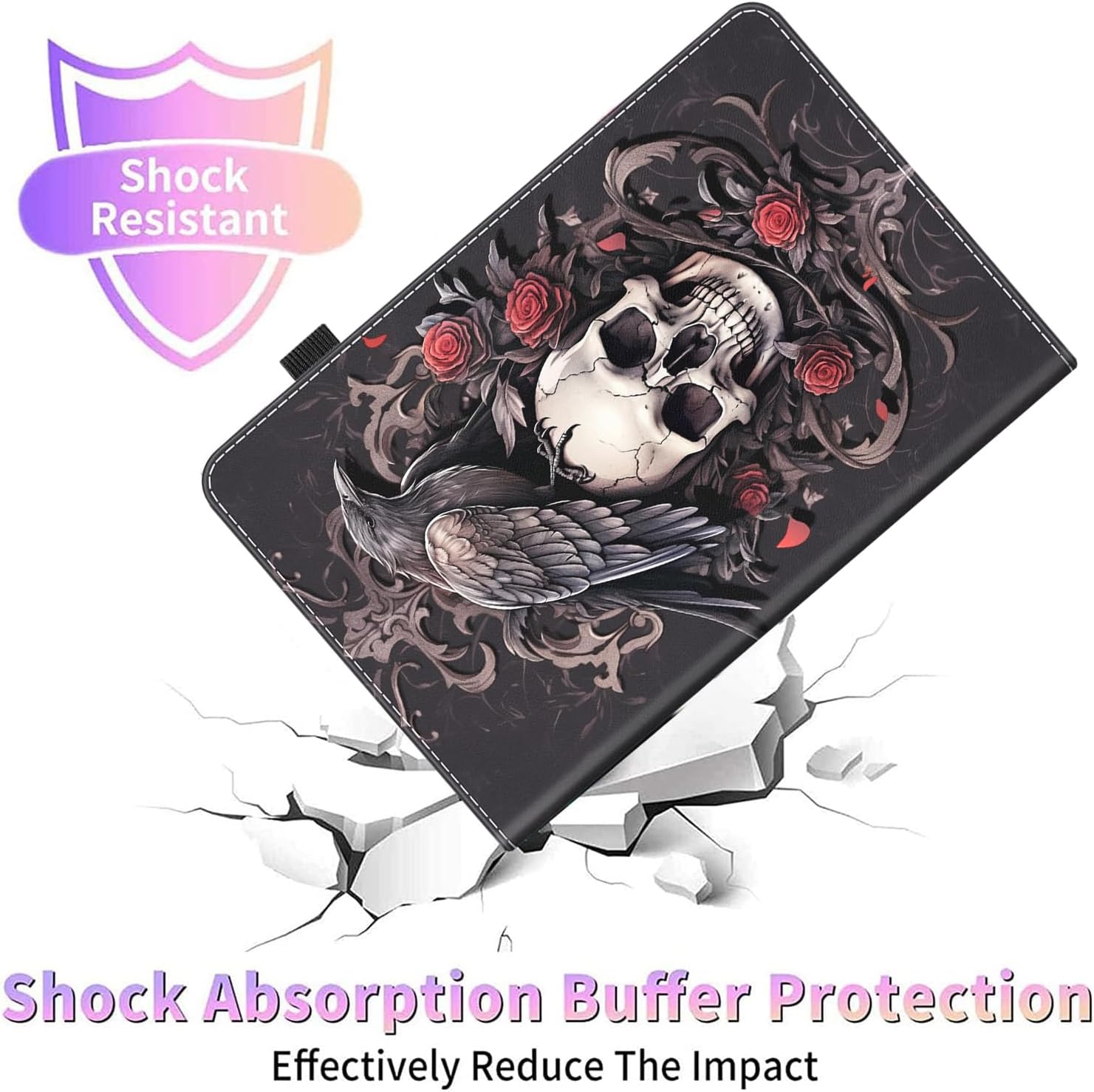 Case for All-New Amazon Fire HD 10 Tablet and Fire HD 10 Plus (13th/11th Generation 2023/2021)，Auto Sleep/Wake Multi-Angle Viewing Slim Folio Stand Cover, Black Raven Sits on The Skulls and Roses