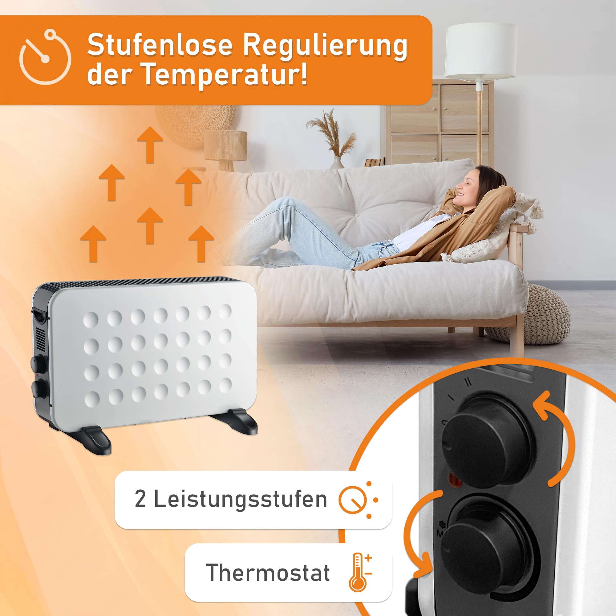 Lemodo Elektroheizung mobil, energiesparende elektrische Konvektor Heizung mit Thermostat, 2 Heizstufen 1250W / 2000W, leiser Heizkörper ohne Gas, Standgerät für Wohnung Büro Bad, Überhitzungsschutz