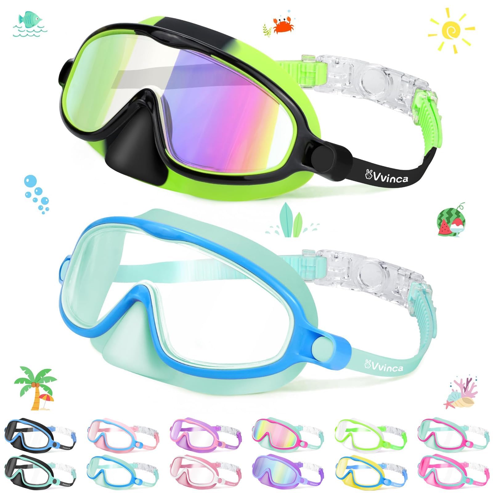 Vvinca Lot de 2 lunettes de natation pour enfants avec cache-nez, masque de plongée large vue anti-buée, UV, anti-éclats pour enfants de 3 à 6 ans