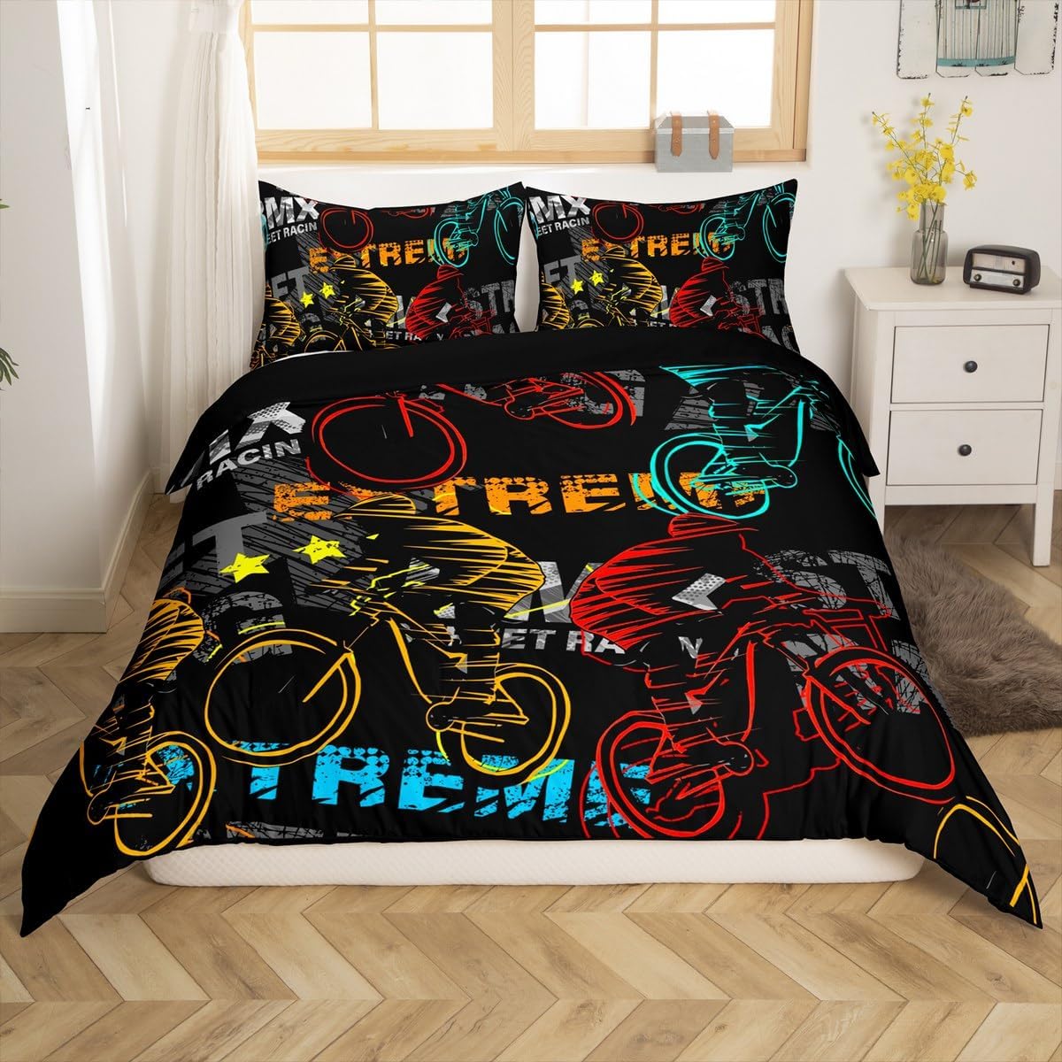 Boys Bmx Comforter Cover Extreme Sports Games Bedding Sets Dirt Bike Duvet Cover Set For Kids Teen Young Bicycle Racer Vehicle Gaming Bedspreads Cover With 2 Pillow Cases Full Size Teal Red