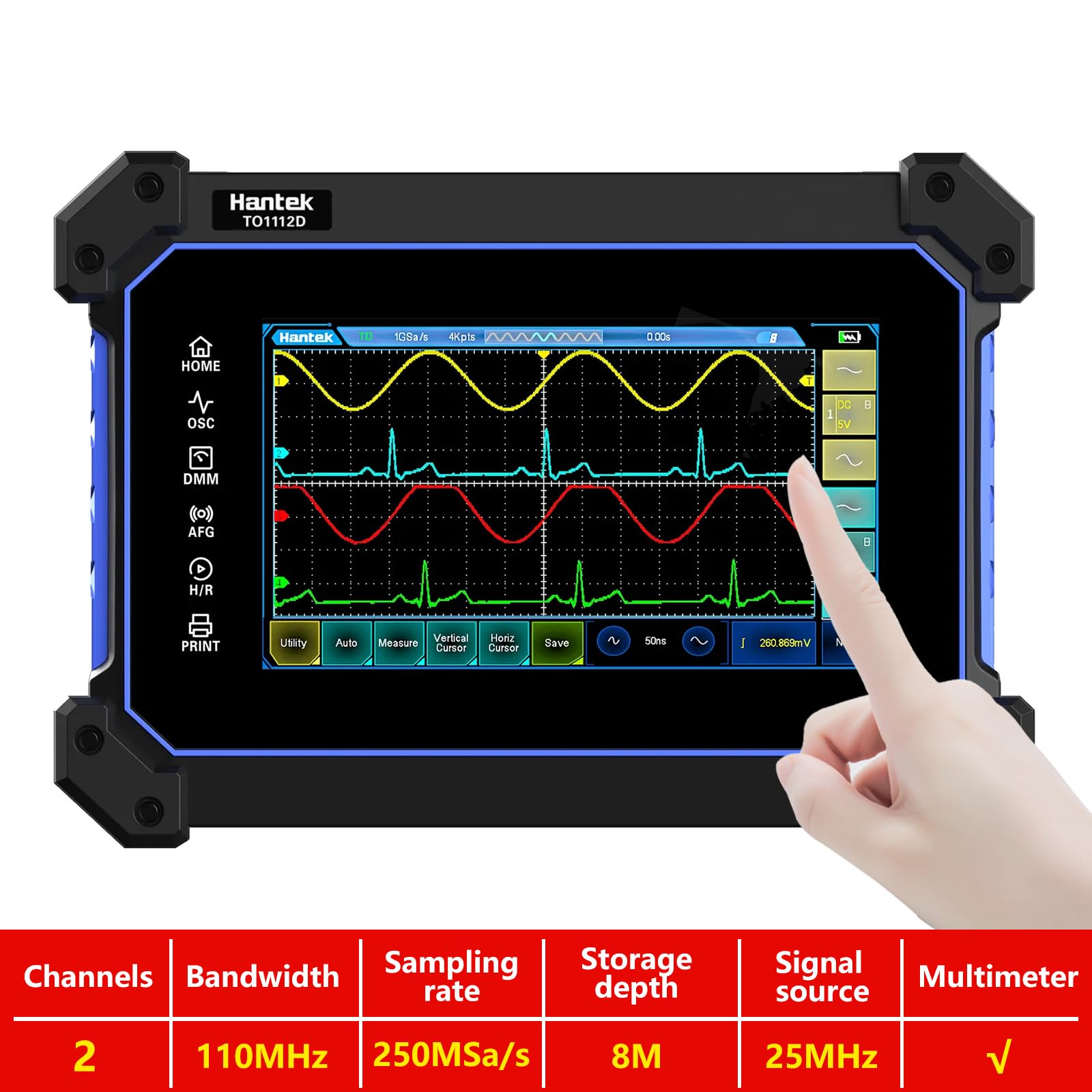 Hantek TO1112D Touch-Screen Digital Oszilloskop 2 Kanäle 110 MHz Hanheld Tablette Digital Oszilloskop + Multimeter + Signalquelle
