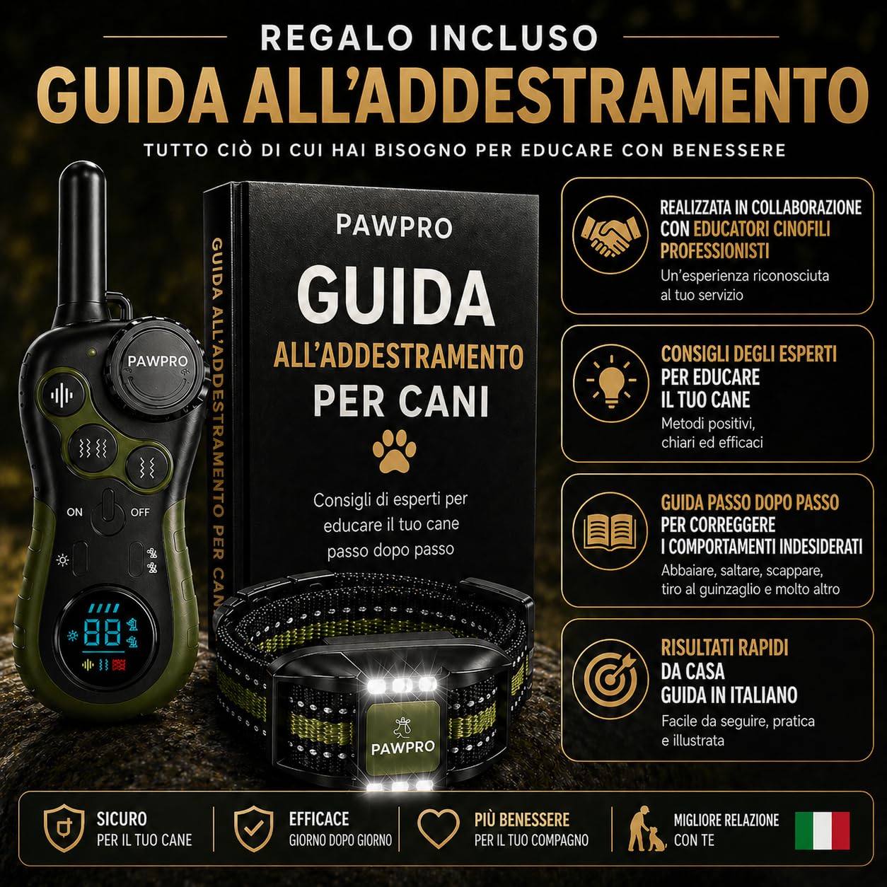 PAWPRO Collare di Addestramento, Conforme Nuova Legge Italiana Benessere Animale, Portata XXL 3 km, Modalità Luce Notturna, BIP Vibrazione Potenziata, Adatto Tutti Cani, Impermeabile (1 Collare)