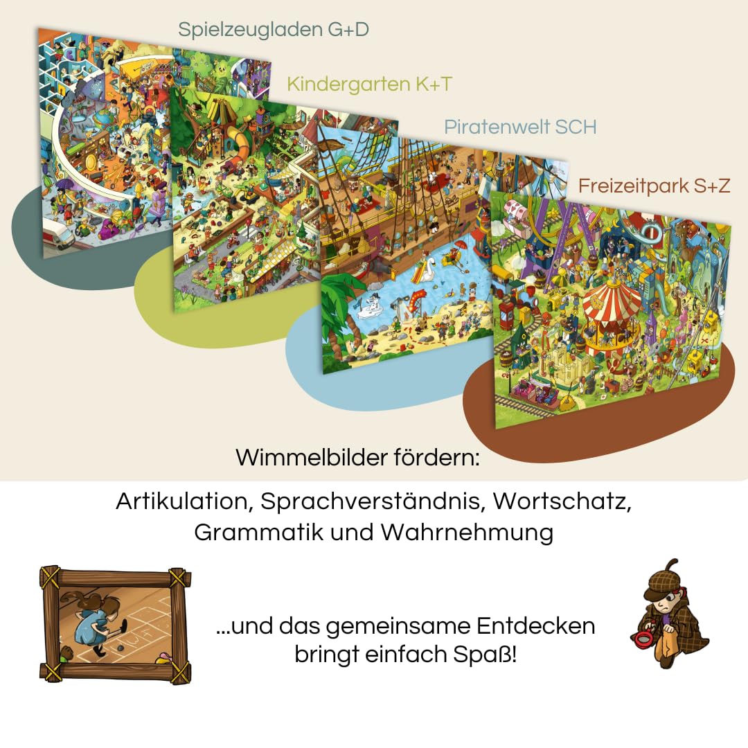 für Kinder 'Logopädie Spiele Sprachförderung Kindergarten' Hochwertig Illustriert [analog+digital nutzbar] Interaktiv wähle Dein Lieblingsmotiv (Motiv: Kindergarten - Laute: K+T)