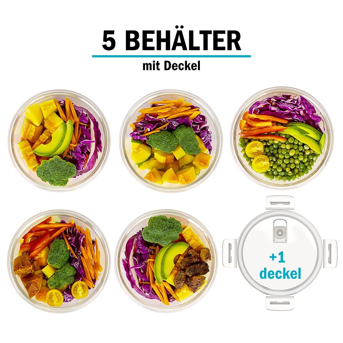 Igluu Meal Prep Runde Glas-Frischhaltedosen mit BPA-freiem Deckel (5er-Pack + 1 Ersatzdeckel) – mikrowellen-, ofen-, gefrier-, spülmaschinengeeignet, auslaufsicher – 950 ml - robustes Borosilikatglas