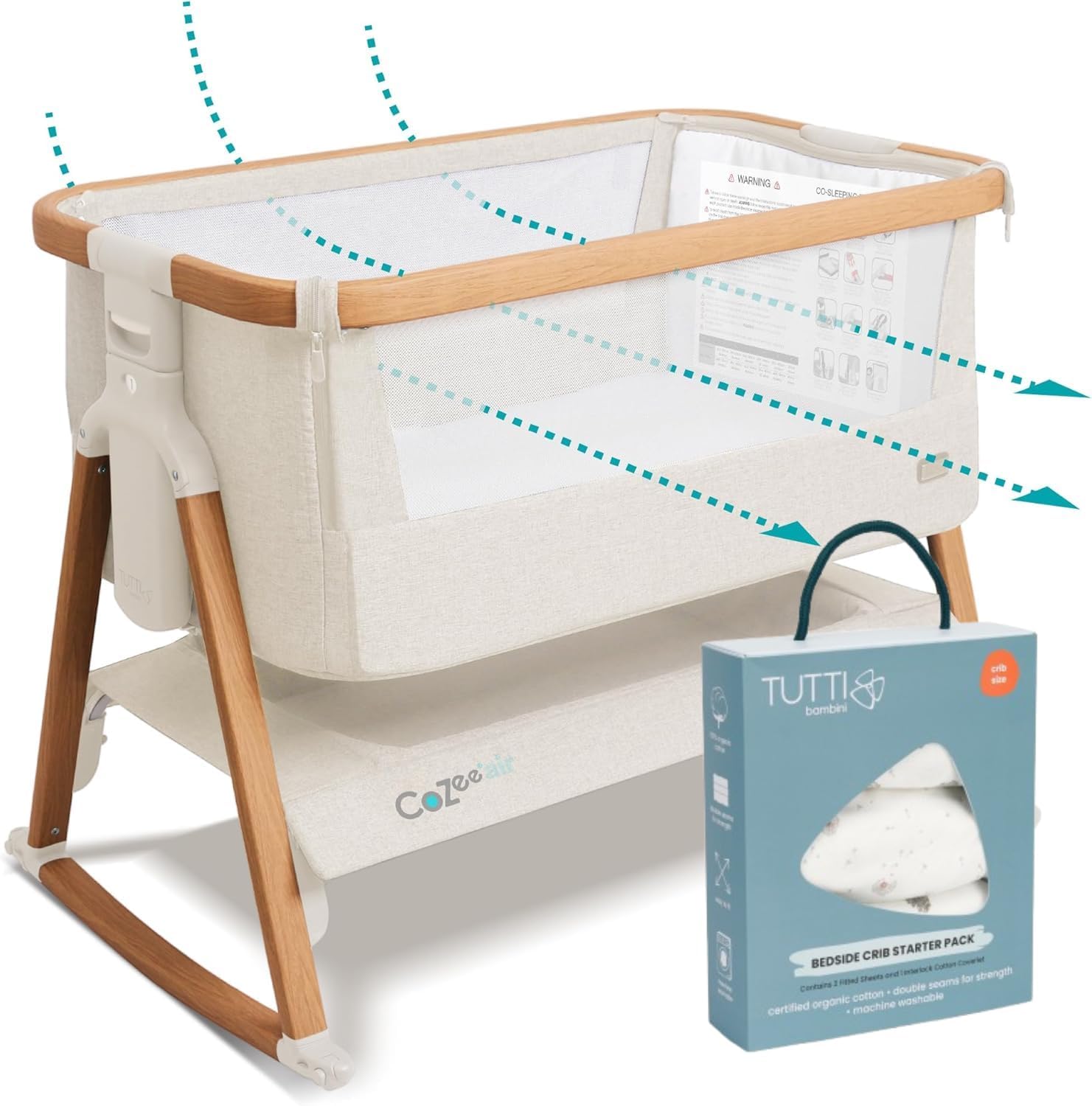 Tutti Bambini CoZee® Air Bedside Sleeper & Baby Bassinet Bundle with Organic Cotton Bedding Starter Pack (Cocoon) – Co-Sleeper, Travel Crib, Airflow Mattress, 0–6 Months (Walnut & Ecru)