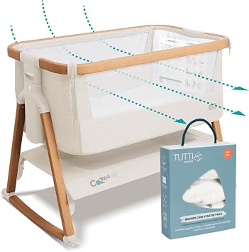 Tutti Bambini CoZee Air Bedside Sleeper & Baby Bassinet Bundle with Organic Cotton Bedding Starter Pack Cocoon Co-Sleeper, Travel Crib, Airflow Mattress, 06 Months Walnut & Ecru
