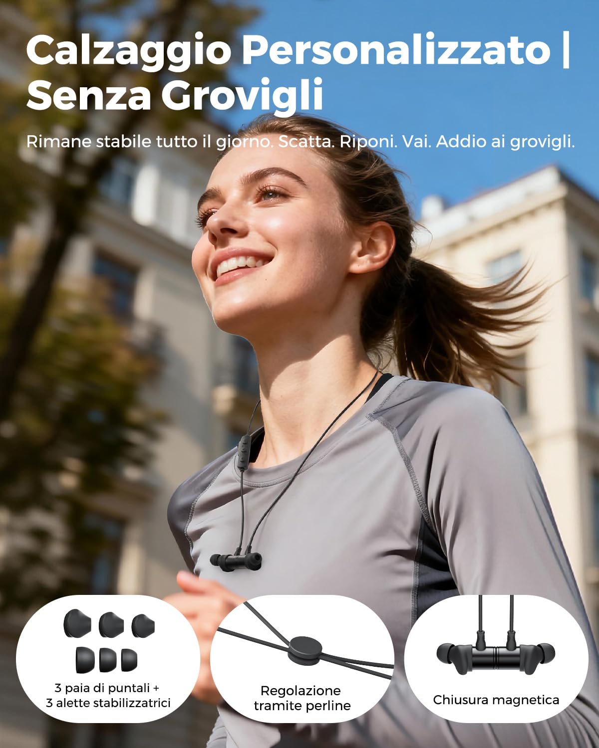 truefree HD-100 Cuffie Sportive a Collare, Auricolari Wireless con Driver Magnetico Duale da 11 mm, 20 Ore di Autonomia, IP67, Ricarica Rapida, Cancellazione Rumore AI, Bassa Latenza, EQ con App | Sport Archetto Magnetico Casco, IP67 Impermeabile, 20h Aut
