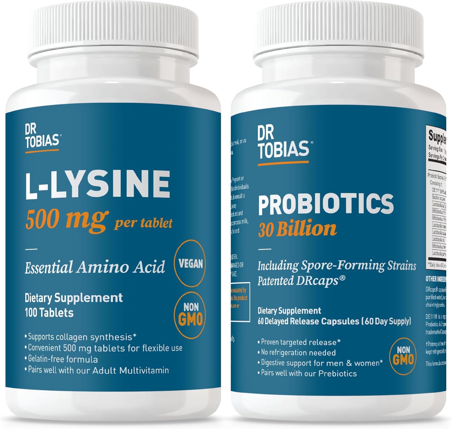 Dr. Tobias L‑Lysine 500 mg Tablets + Probiotics 30 Billion CFU (10 Strains) – Essential Amino Acid for Skin Health + Shelf‑Stable Daily Probiotic for Gut Flora & Digestive Wellness
