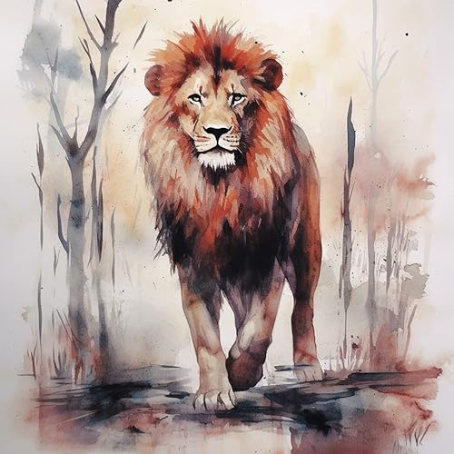 SKMN Kit de pintura por números para niños sobre lienzo, león animal de acuarela, paisaje abstracto de bosque de montaña, pintura por números para