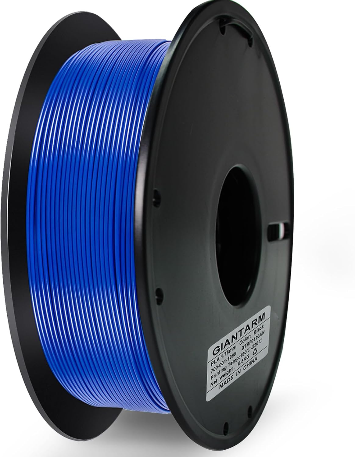 Close-up of a blue PLA filament spool with GIANTARM branding.