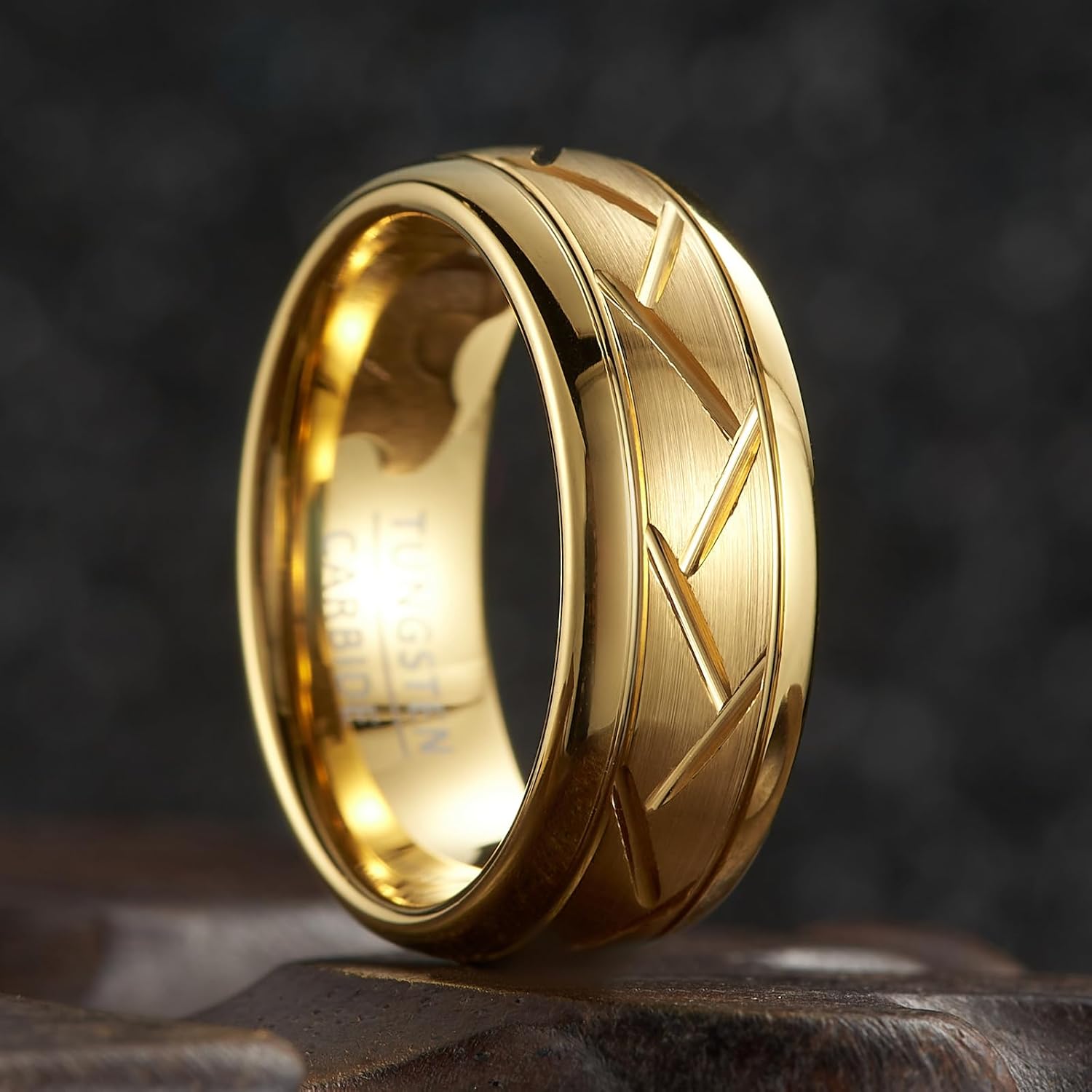 Men's Tungsten Wedding Band, 8mm Wide Chevron Pattern, Industrial Satin Finish - Image 2