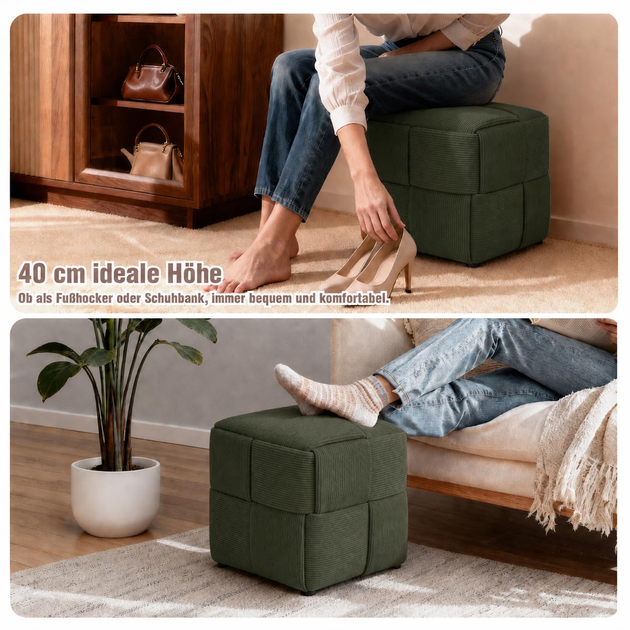 Zedelmaier Sitzhocker aus Cord, Sitzwürfel 40 x 40 x 40 cm, Dunkelgrün | Handgefertigtes Kreuzgeflecht, weicher Cordbezug, quadratischer Polsterhocker, als Fußhocker & Sofahocker, bis 150 kg