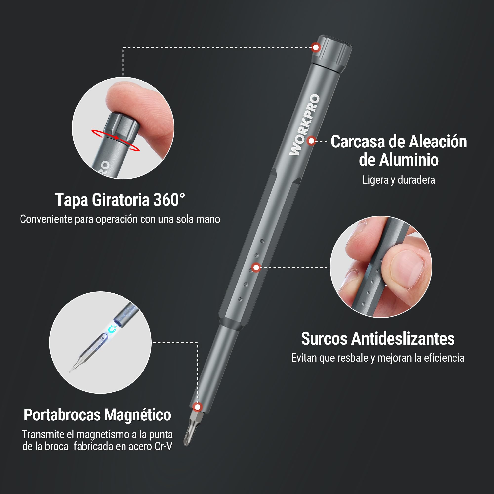 WORKPRO Destornilladores Precisión 60 en 1, Puntas Magnéticas CR-V | Estuche Compacto de Aluminio con Mango Giratorio para Reparar Electrónica, Gafas, Relojes y Móviles
