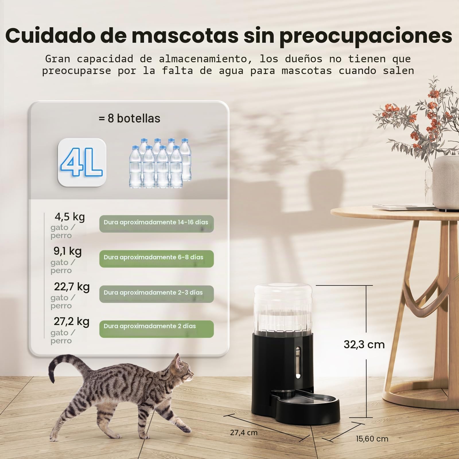 JUNSPOW Dispensador de Agua para Mascotas de 4 litros con Cuenco de Acero Inoxidable, dispensador automático de Agua para Gatos, Ventana Visible, Seguro y desenchufado para Mascotas, Color Negro