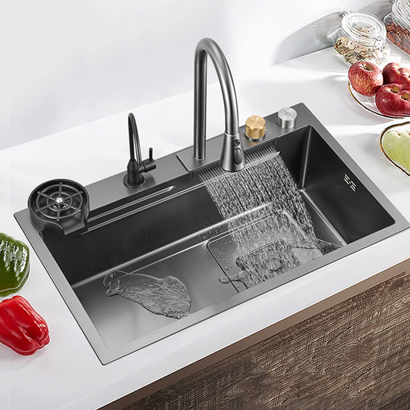 Évier de cuisine épais avec robinet cascade et cuve noire 80cm