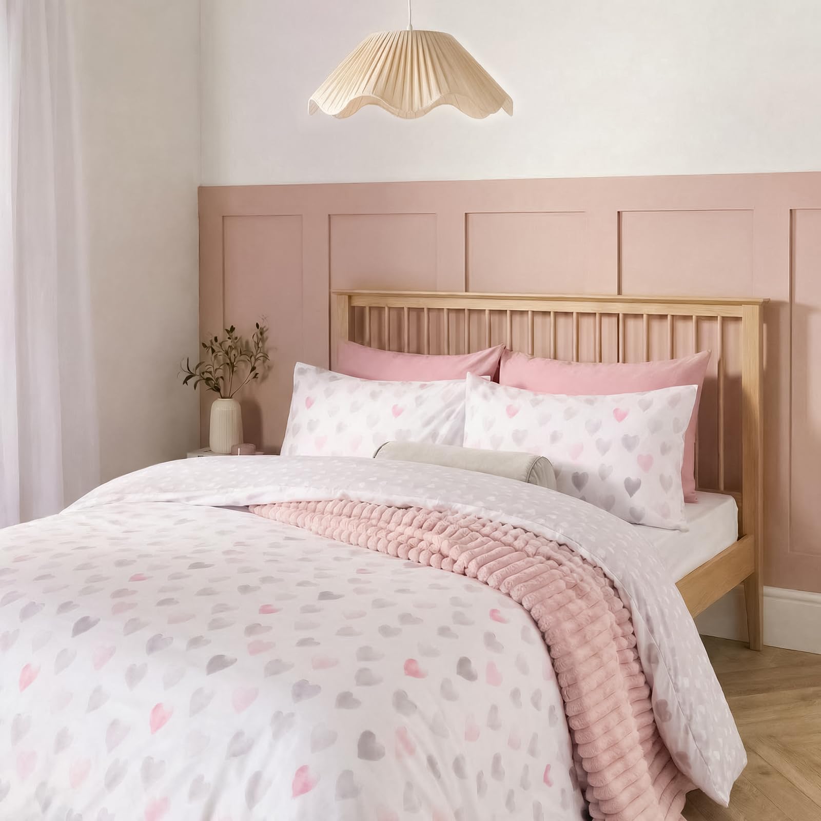 OHS Love Heart Bedding Double Duvet Set, Reversible Gifts for Women Super Soft Cosy Warm Microfibre Polyester Watercolour Double Bedding Quilt Cover Modern Duvet Cover Sets with Pillowcases, Pink/Grey