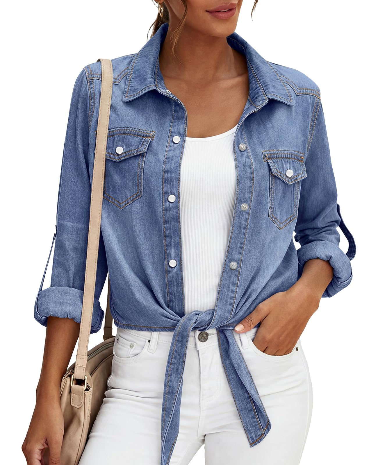 Womens Denim Shirts Long Sleeve Button Down Shirt Women Tie Knot Front Cardigans Summer Jean Crop Tops Jackets-image-18