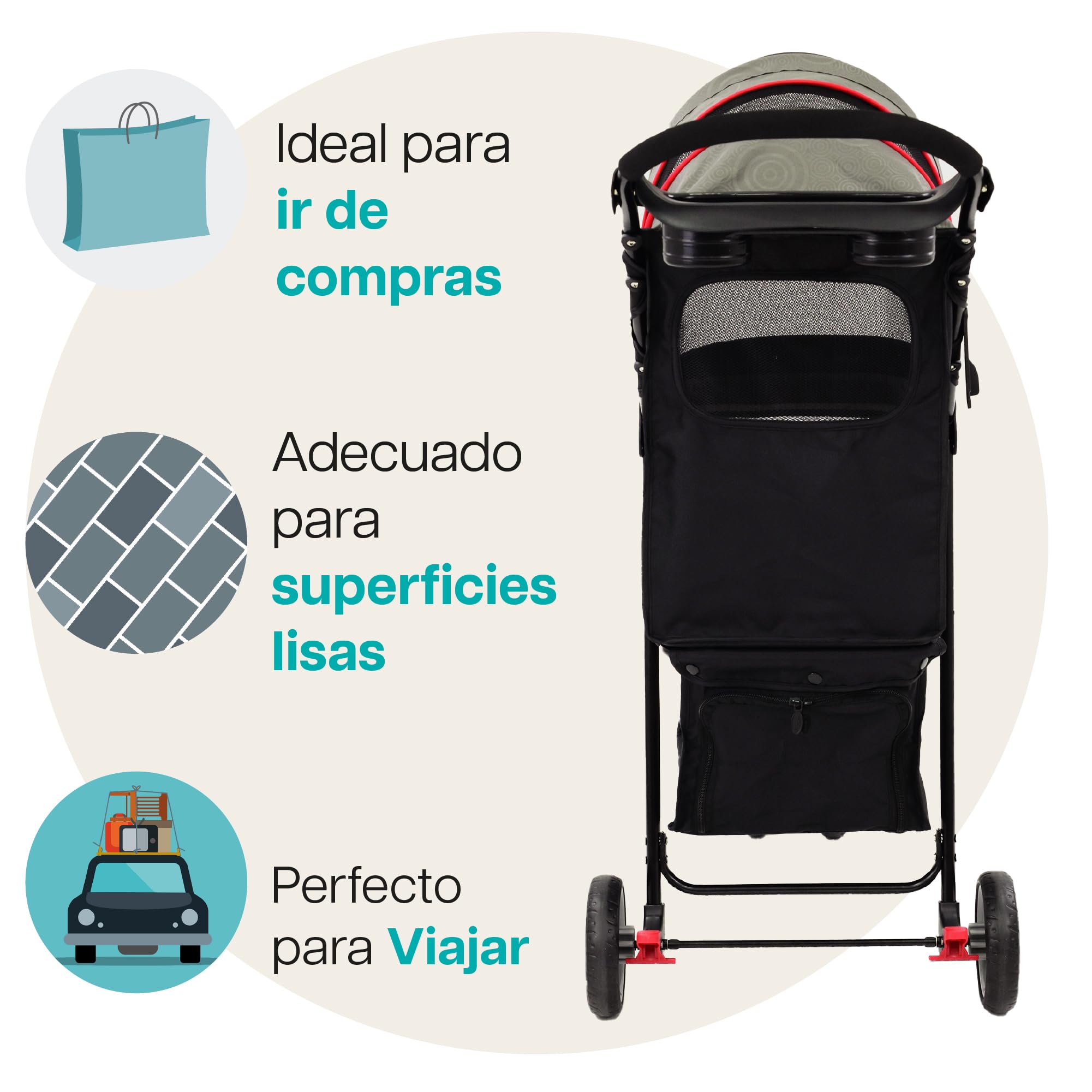 Innopet Avenue gris brillante/rojo - Carrito urbano ligero para perros y gatos con cubierta de lluvia, correas de seguridad y cesta de almacenamiento