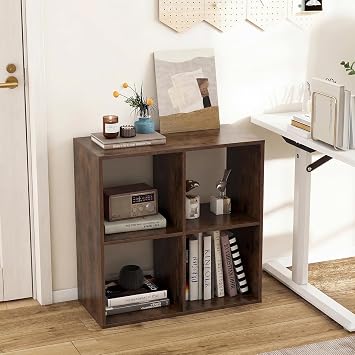 POWERSTONE 4 Cube Storage Organizer, 2 Tier Cubby Bookshelf Freestanding Bookcase w/Back Guardrail, Open Back Display Rack for Living Room, Bedroom, Study, Rustic Brown