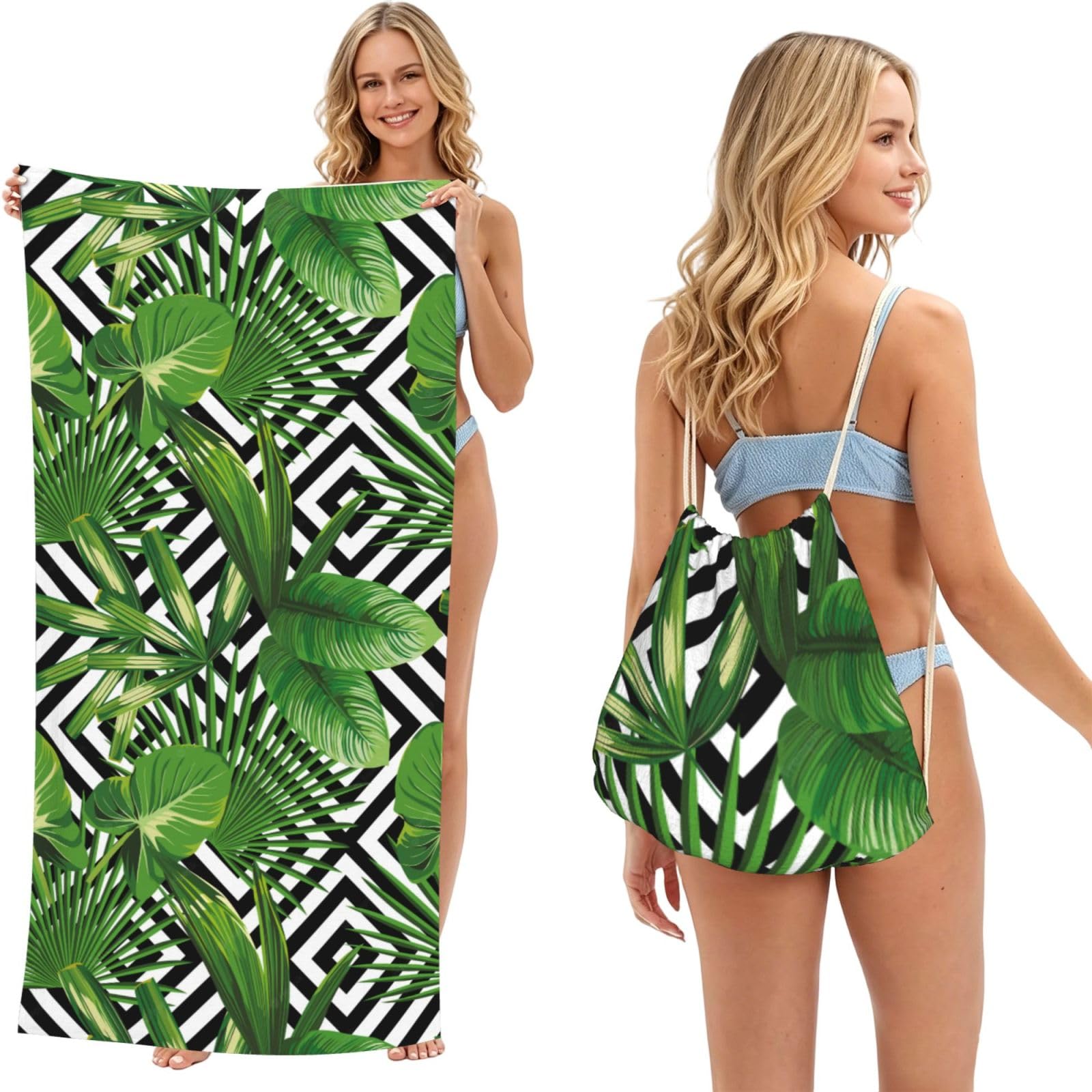 Poadnly As Picture Green Leaves Of Palm Tree Tropical Plant, 2 In 1 Packable Towel Bag, Beach Towels With Drawstring Backpack For Travel Holiday Camping