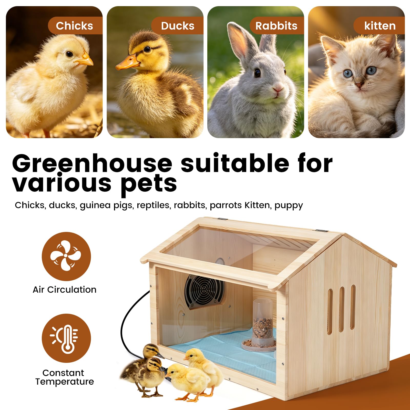 Caja de Cría para Pollitos con Calefacción, Criadoras de Madera con Comedero y Bebedero, Calentadores para Gllineros, Patito, Aves, Gatito, Cachorro, Conejo