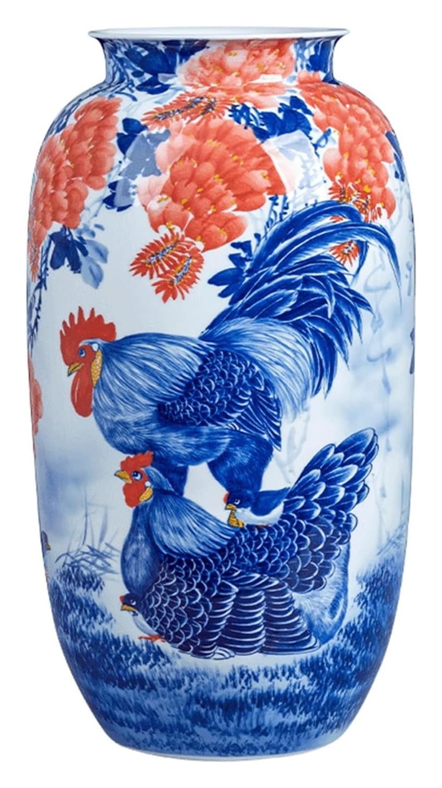 asdchZen Vase Floral Ceramic Chinese Antique Rooster Hand-Painted Rough Pottery Vases 20.4 Inch Large Blue And White Porcelain Flower Vase