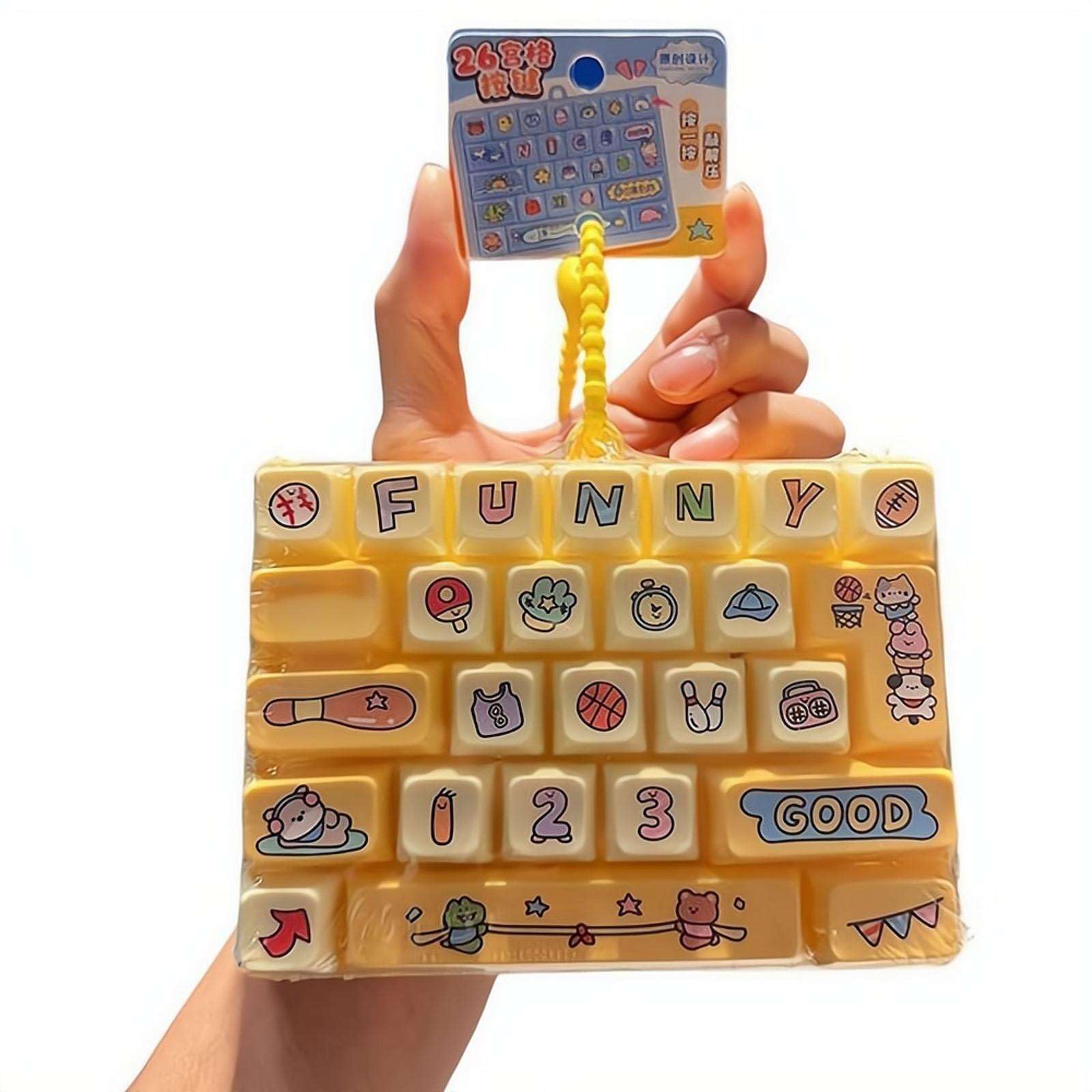 Cute 26-Key Keyboard Fidget Keychain,Realistic Mechanical Feel, Silicone Stress Relief Toy, Cartoon Bag Pendant (Yellow)