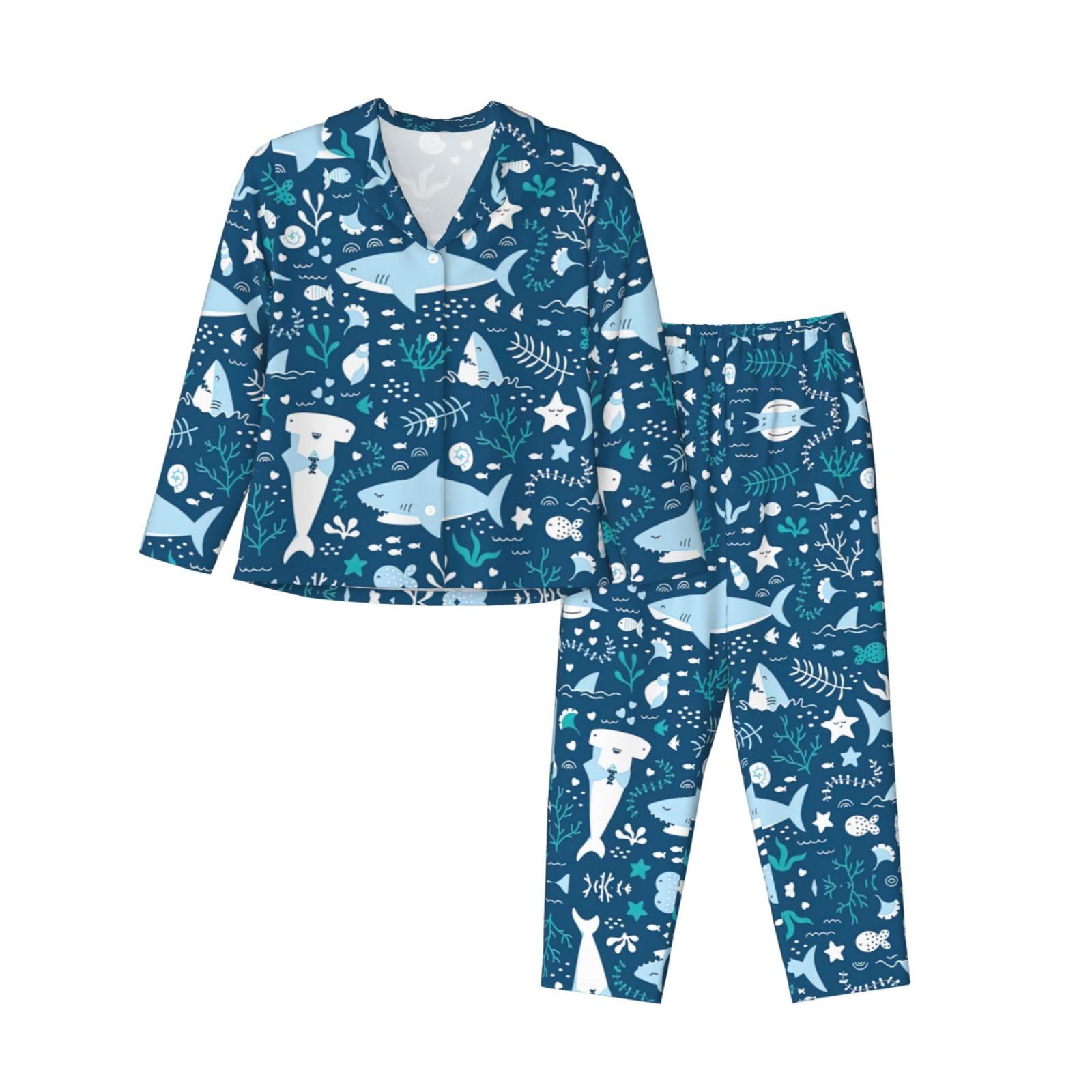 Carino Blu Pesce Stampa Delle Donne Manica Lunga Pigiama Morbido Lounge Set Sleepwear Confortevole Nightwear Regalo
