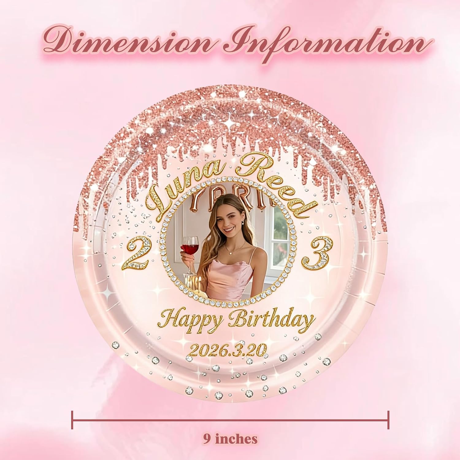 Custom Birthday Cake Plates 9 Inch Thick Paper Plate Rose Gold-Themed Disposable Birthday Cake Plate Suitable for girls ladies and princess-themed parties
