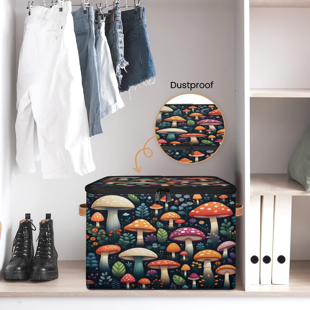 Storage Bin Set of 2 Colorful Mushrooms Storage Basket with Zipper Lid & Handle Foldable Closet Shelf 2 Pack Cloth Organizer Basket Cube Bins Clothes Organizer for Bedroom, Nursery