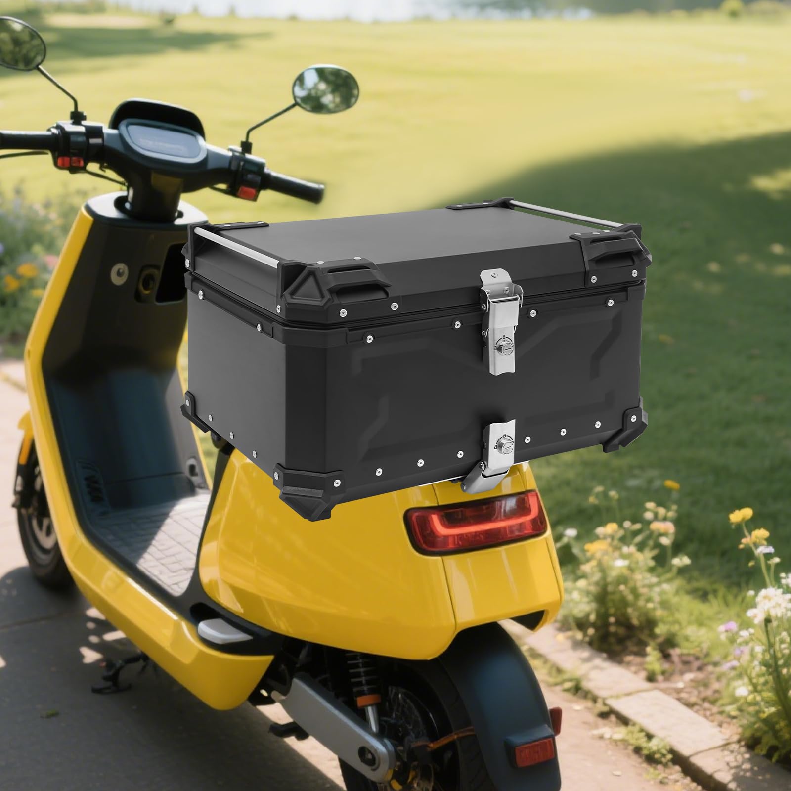 Topcase - Maleta para moto, 65 L, aleación de aluminio, resistente al agua, antirrobo, universal, con cerradura de seguridad para casco, impermeable