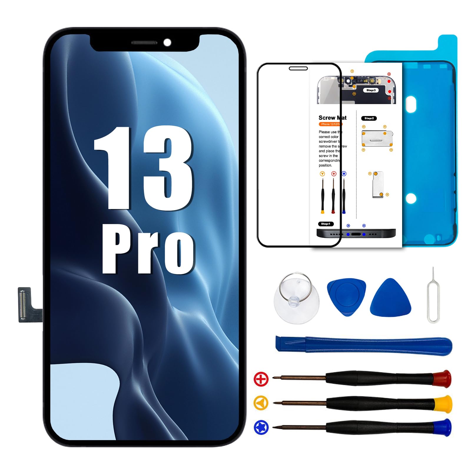 Dinow Pantalla para iPhone 13 Pro, 6.1" LCD de repuesto para iPhone-13 Pro, pantalla para iPhone 13 Pro con kit de reparación, compatible con modelo A2638/A2483/ A2636/ A2639/ A2640