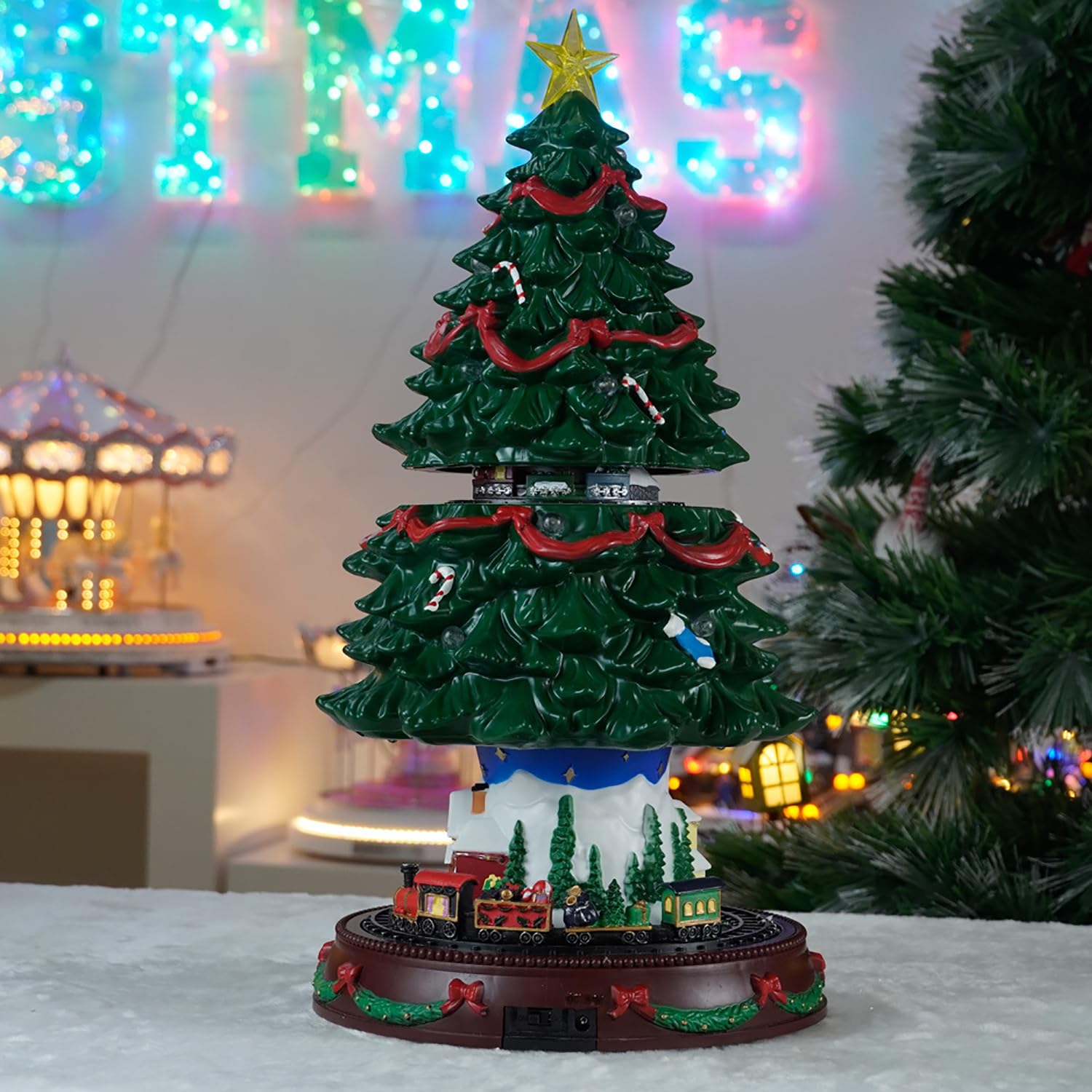 Árbol De Navidad Musical Iluminado De 49 Cm De Altura, Escena De Pueblo, Árbol De Navidad Que Sube Y Baja, Escena De Tren Giratorio, Caja De Música, Decoración Festiva, Añade Encanto Al Ambiente