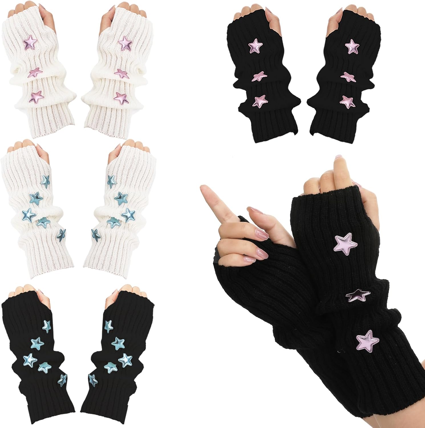 4 Pairs Star Arm Warmers Y2K, Kawaii Knitted Arm Sleeve, Cute Fingerless Thumb Hole Gloves Grunge Accessories for Women Halloween Cosplay