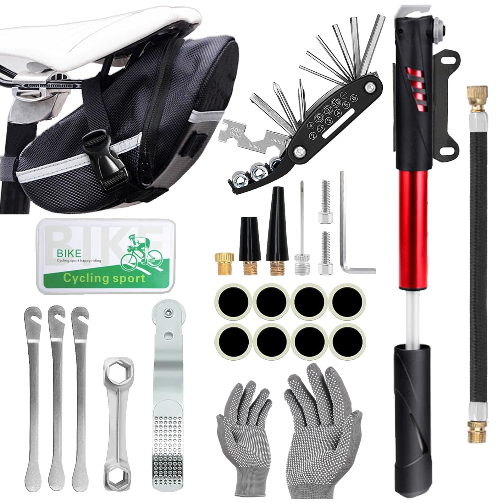 Bicycle Tire Repair Tool Kit & Bicycle Tire Pump, Home Bike Tool Portable Patches Fixes, Inflator, Maintenance for Camping Travel Essentials Tool Bag