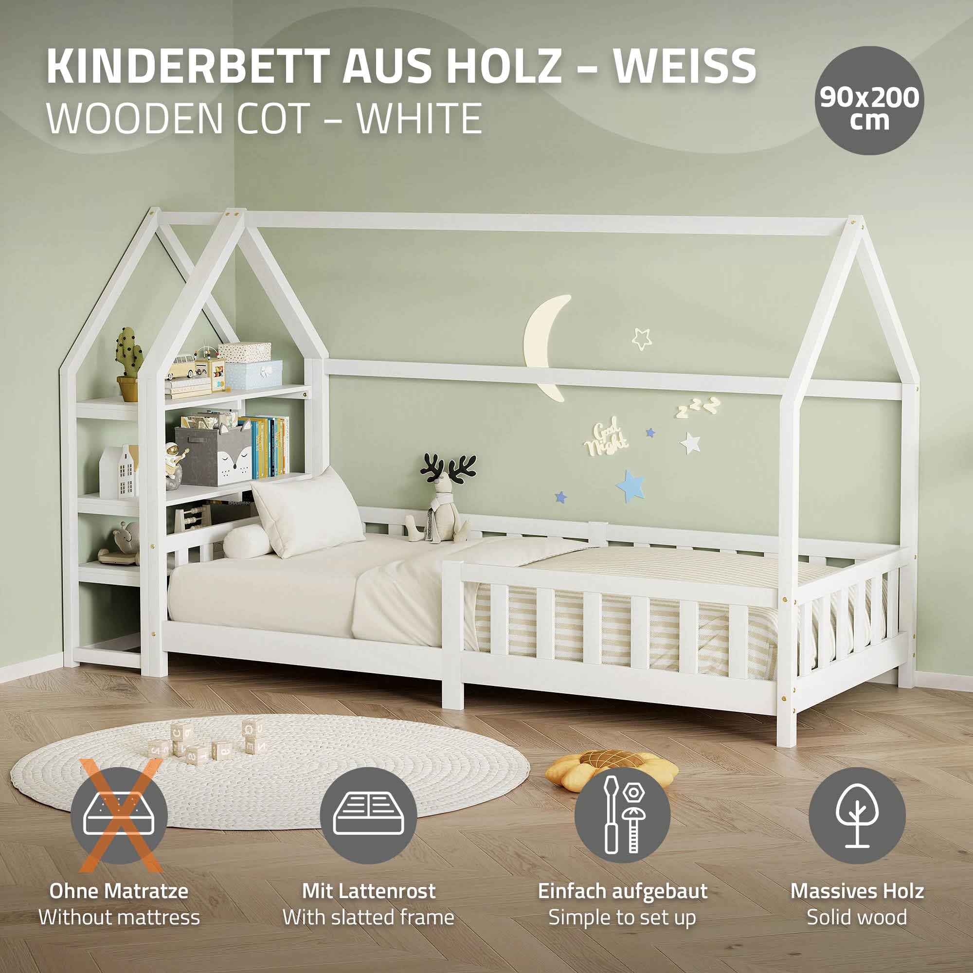 ML-Design Kinderbett Hausbett 90x200 cm mit Rausfallschutz, Regal, Dach & Lattenrost, Weiß, Kiefernholz, Montessori Bodenbett, Holzbett
