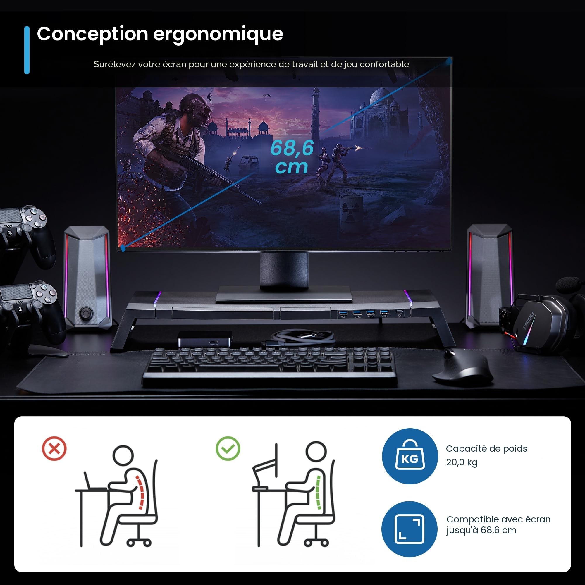 Support Écran avec Tiroir de Rangement – Rehausseur de Moniteur Réglable, Design Ergonomique avec Espace de Stockage, Idéal pour Bureau et Organisation