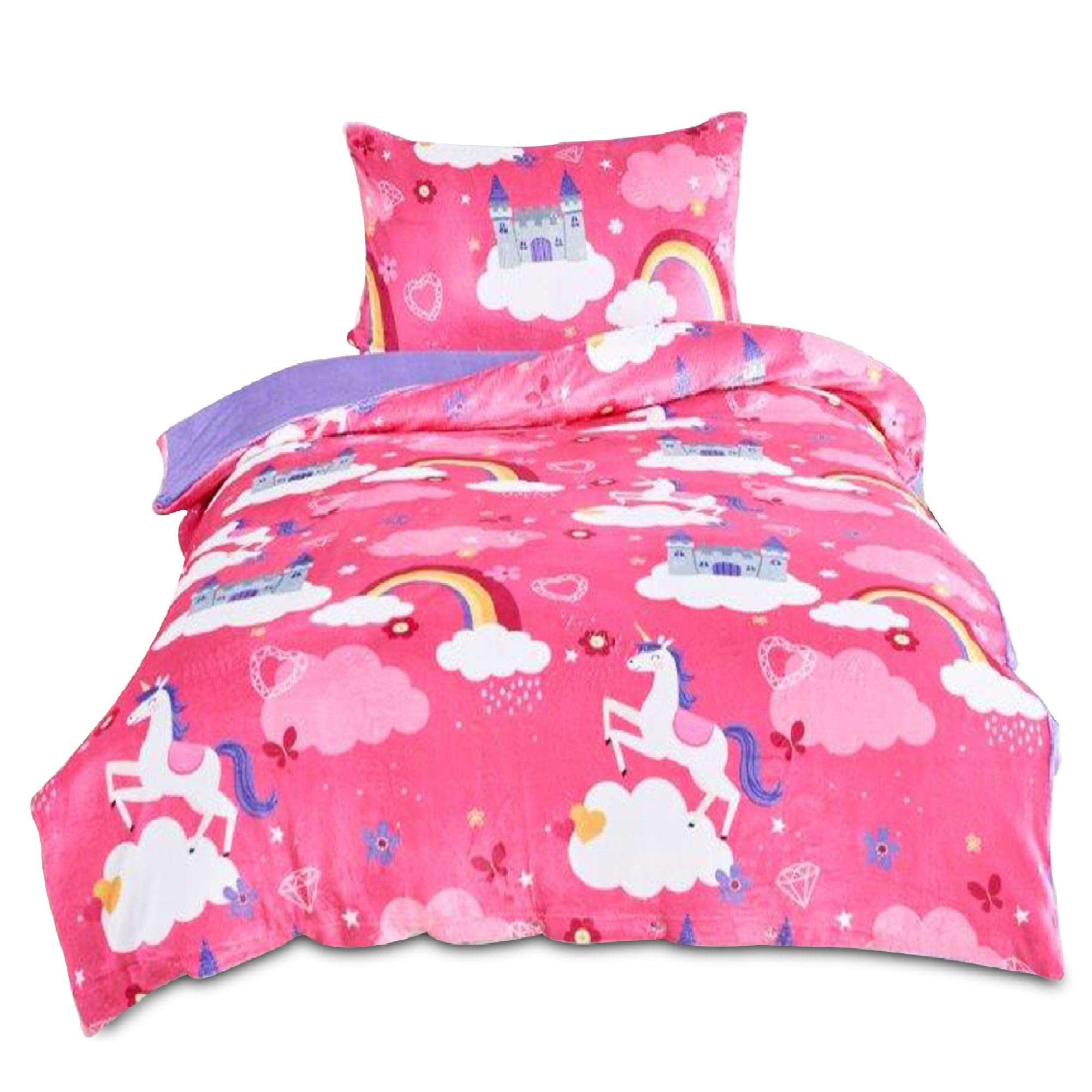 VELVETIO Princess Unicorn Duvet Cover Set with Pillowcase, 100% Polyester Teddy Fleece Bedding Bedset Single, Thermal Warm Kids Comforter Coverlet, Multi