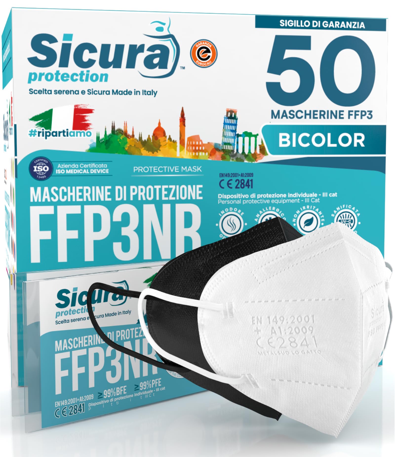 50 Mascherine FFP3 Certificate CE Nere e Bianche Made in Italy BFE ≥99% | PFE ≥99% logo SICURA impresso Mascherina italiana ffp3 SANIFICATA e sigillata singolarmente 25 Bianche + 25 Nere