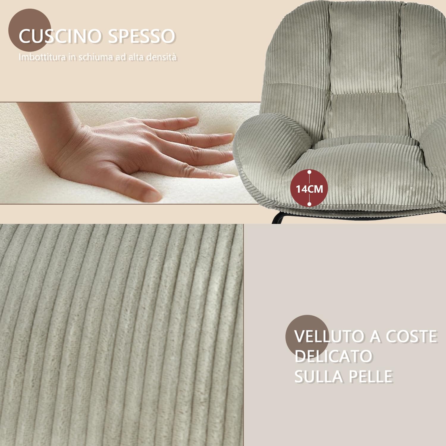 Meuble Cosy Poltrona a dondolo scandinava, in velluto a coste, sedia a dondolo per allattamento, gambe in legno di Hevea per soggiorno, camera da letto, grigio