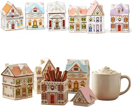 6-Piece Mini Christmas Gingerbread Houses Spice Resin Jars Set - Vintage Holiday Village Spice House Decor with Lids for Kitchen Countertop, Classic Spice Village Collection