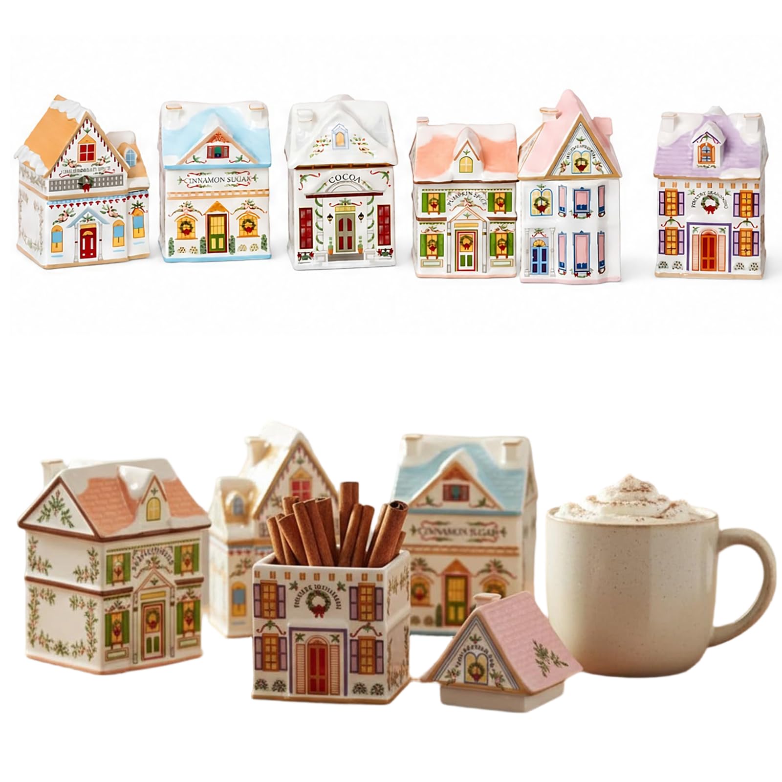 6-teiliges Mini-Weihnachts-Gingerbread-Häuser Gewürzdosen-Set aus Harz im Vintage-Stil, Festliche Dekoration für die Küchenarbeitsplatte, Klassische Gewürz-Dörferkollektion