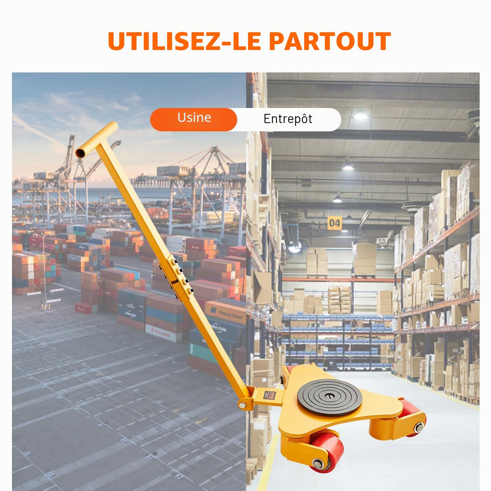 VEVOR Déménageur de Machines 3 T Chariot de Transport Charge Lourde Poignée Transporteur Équipements Industriels Acier au Carbone 3 Roues Pivotantes 360° PU Antidérapant pour Entrepôt Atelier Usine