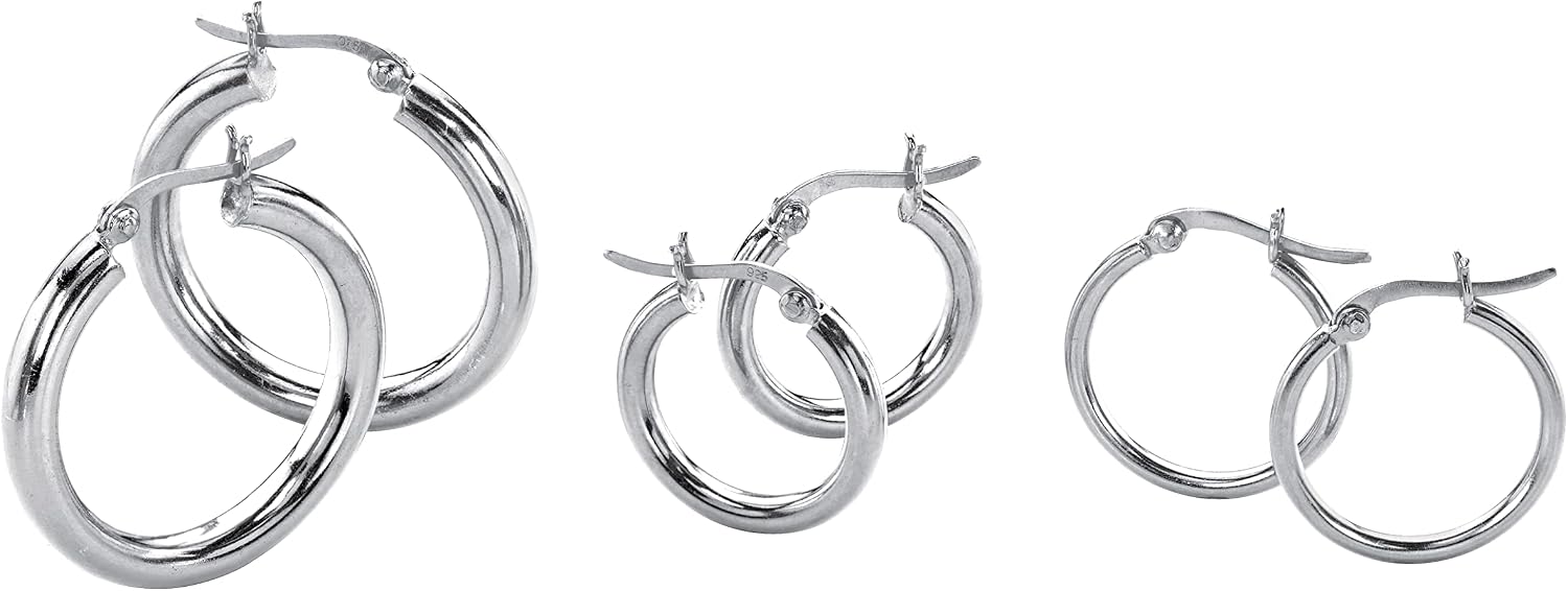 PalmBeach Sterling Silver 3 pair set Hoop Earrings (18mm) (19.5mm) (28mm)